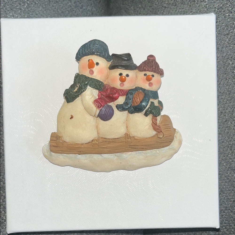 Vintage Holiday Trio Snowmen Pin - Cream, Green, Red